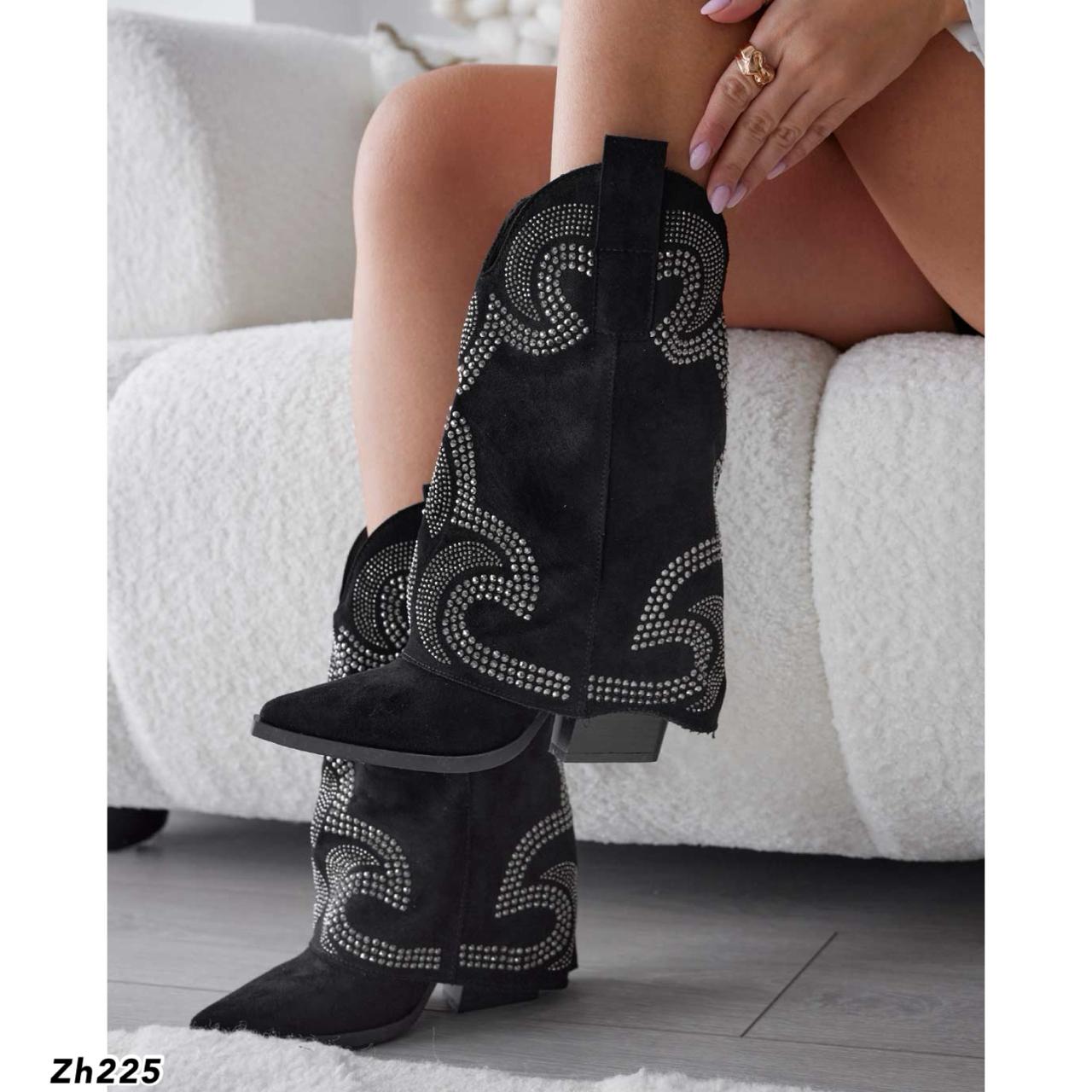 Bota texana negro doblez apliques plateado brillantes tacon 8cm A9589 C-83
